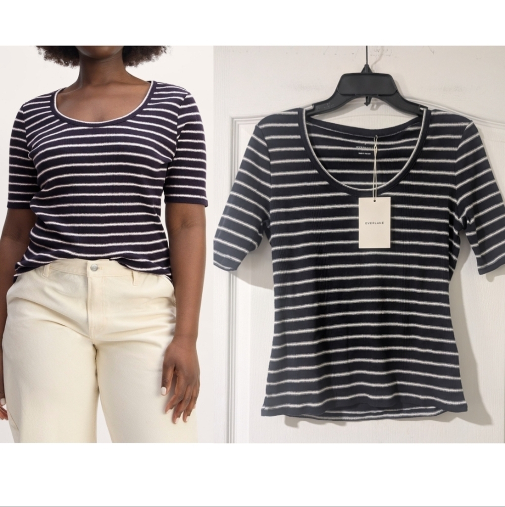 Everlane | The Vintage Rib Scoop-Neck Top On Navy/Bone